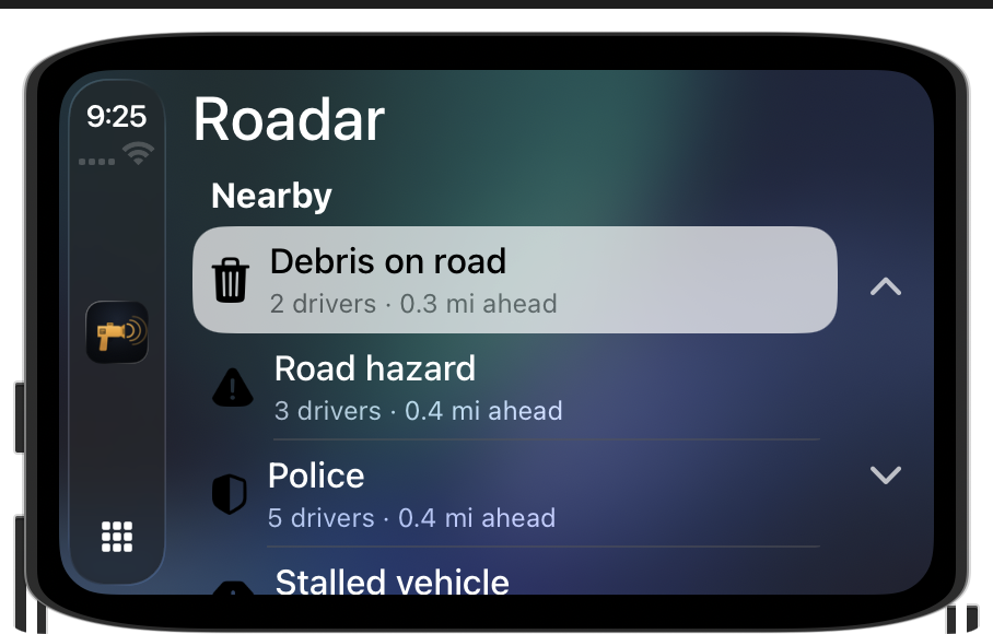 Roadar on CarPlay: a Nearby list with debris, road hazard, police, and stalled vehicle reports, each with driver counts and distance ahead