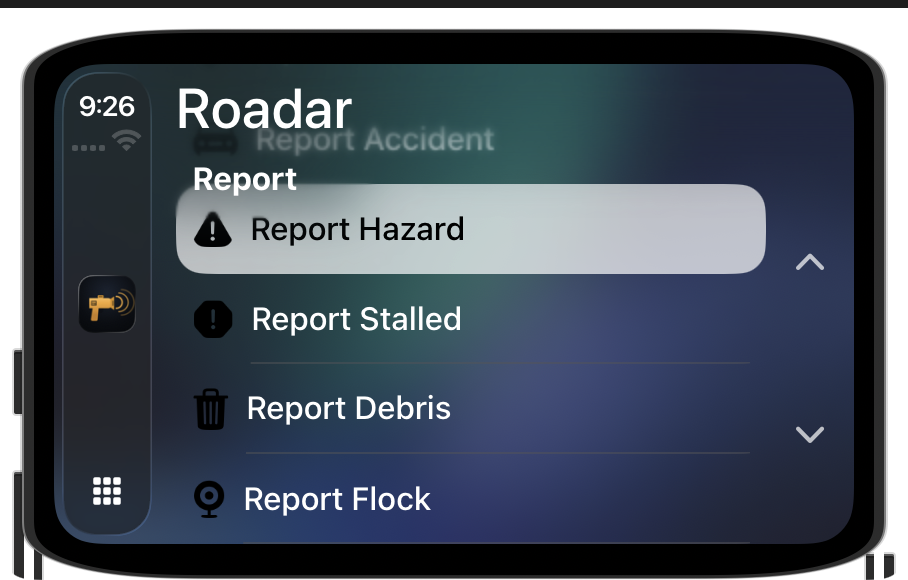 Roadar on CarPlay: one-tap report buttons for hazard, stalled vehicle, debris, and Flock camera