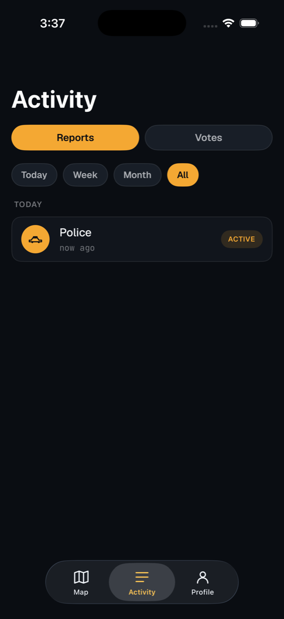 Roadar Activity tab listing a filed Police report marked active, with filters for reports and votes