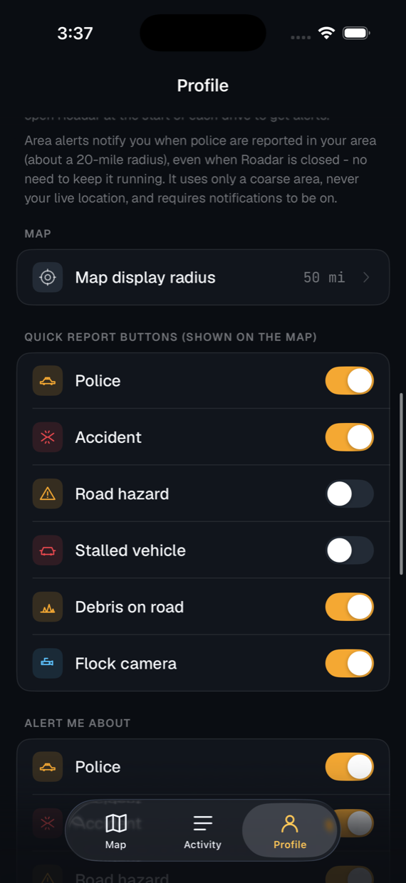 Roadar settings with per-category toggles for the quick report buttons shown on the map and for which categories alert you