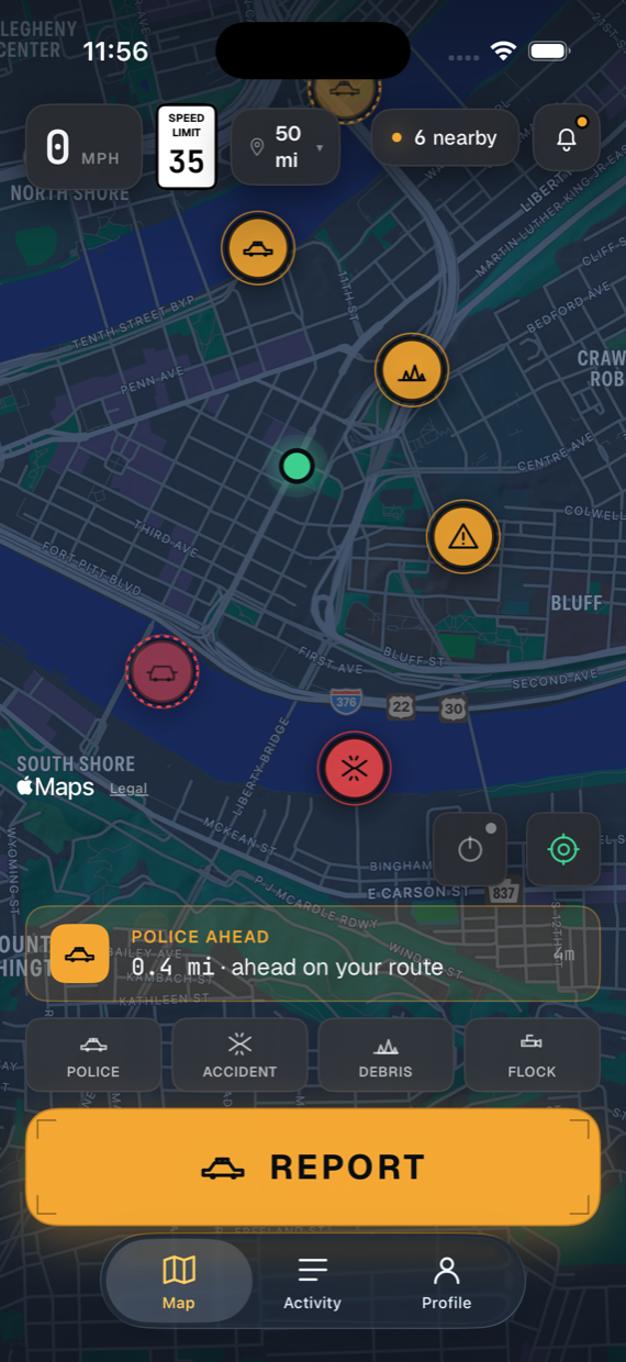 Roadar map with mapped Flock, speed, and red-light cameras plus live police, accident, and debris alerts and the REPORT button
