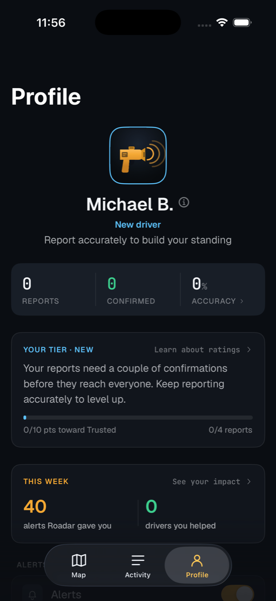 Roadar profile showing an anonymous reputation tier and a weekly alerts summary