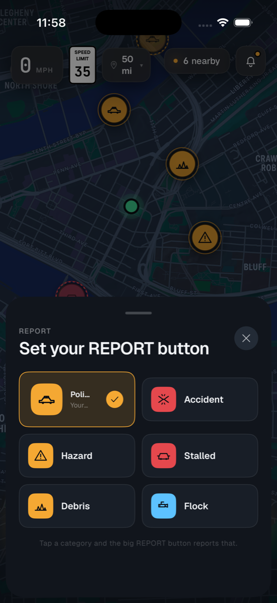 Roadar report sheet with police, accident, hazard, stalled, debris, and Flock-camera categories