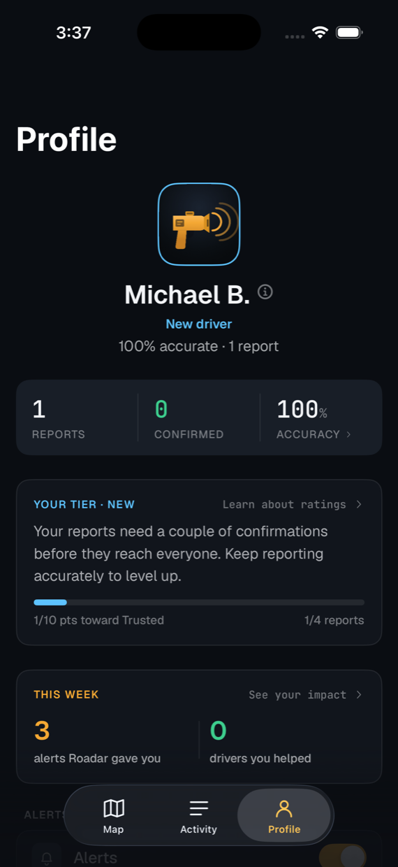 Roadar profile: New driver tier at 100% accuracy, progress toward Trusted, and a weekly impact card