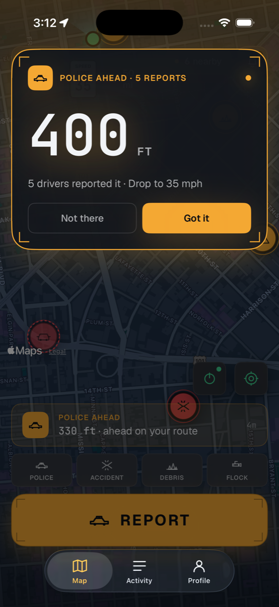 Roadar full-screen takeover alert: police reported 400 feet ahead, 5 drivers reported it, drop to 35 mph