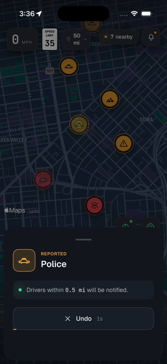 Roadar right after a one-tap report: a Police report is filed, drivers within 0.5 miles will be notified, and an Undo button counts down