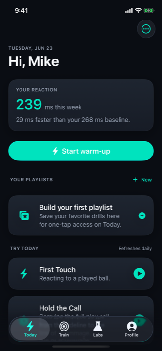 The Stillfast Today screen: a personal greeting, your reaction number this week, and a one-tap Start warm-up button.