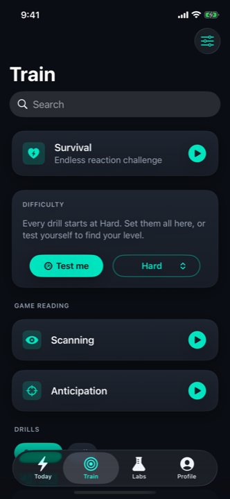 The Stillfast Train tab: the Survival challenge, a difficulty setting, game-reading trainers, and the full drill library.
