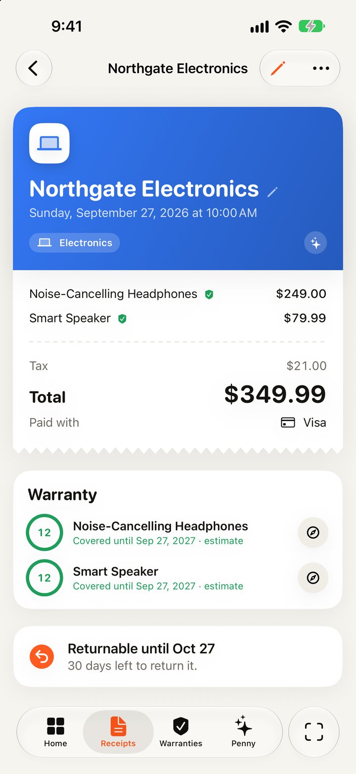 A receipt from Northgate Electronics in Stubly, with its items, total, warranty and return date.