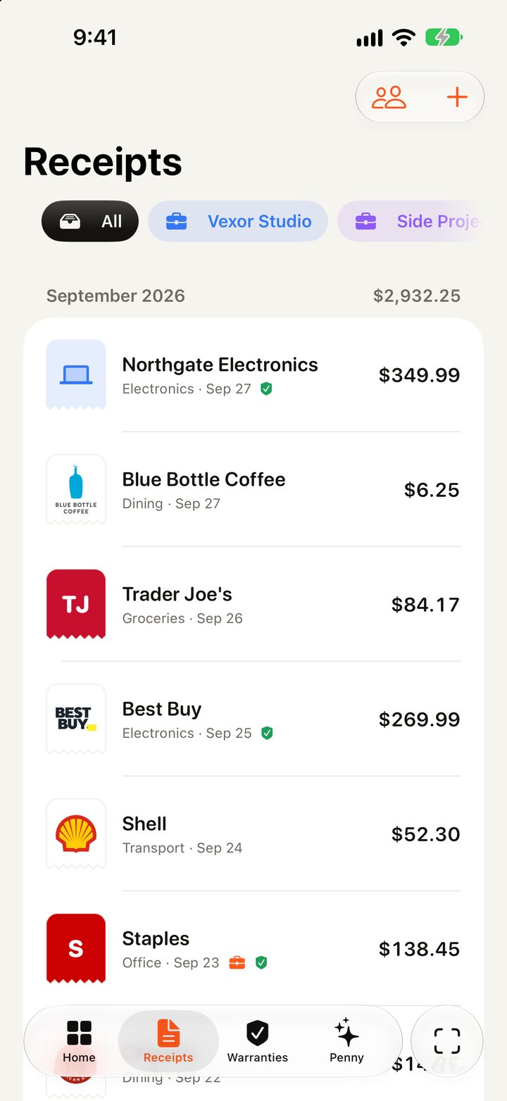 The Receipts list in Stubly